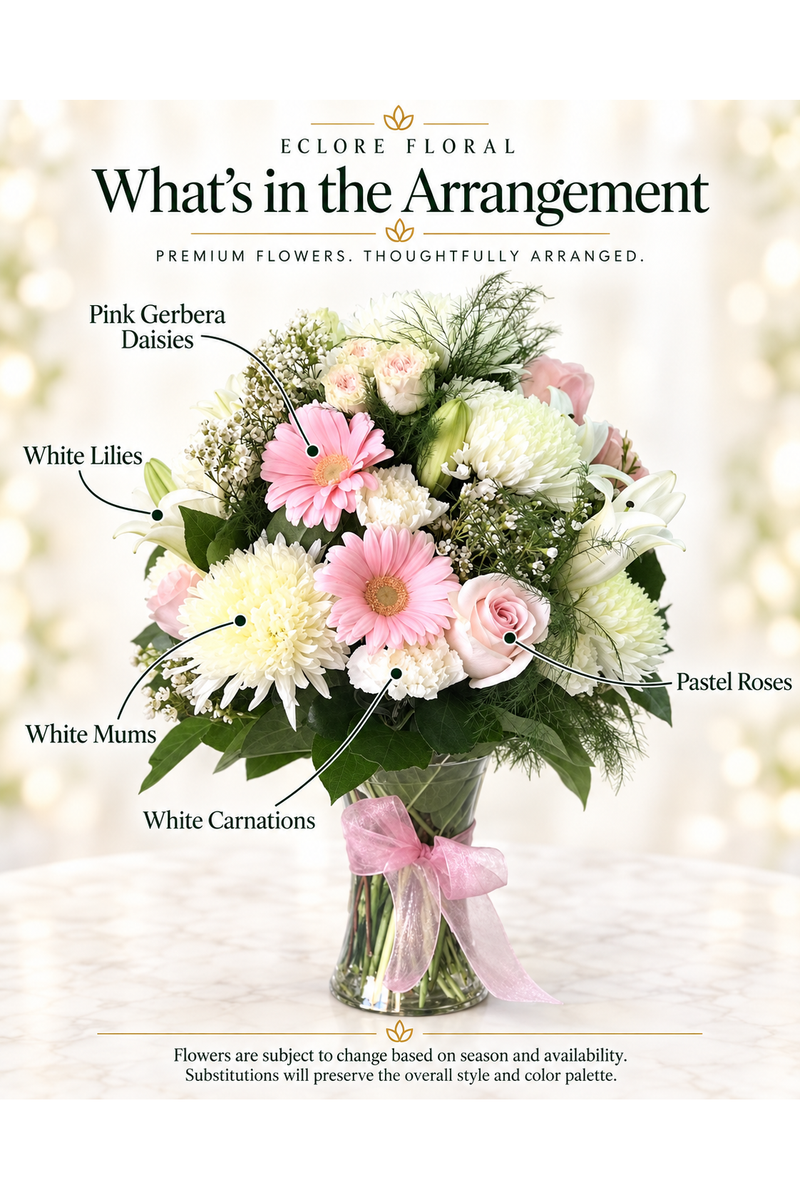 Eclore Floral flower guide for Pink & White Blossom. Flowers are subject to season and availability; substitutions preserve the overall style and color palette.