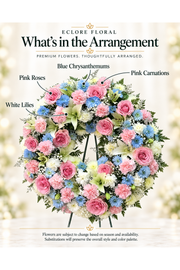 Eclore Floral — What’s in the Arrangement: Pink & Baby Blue Wreath – Natural Funeral Tribute. Flowers may vary with season and availability.