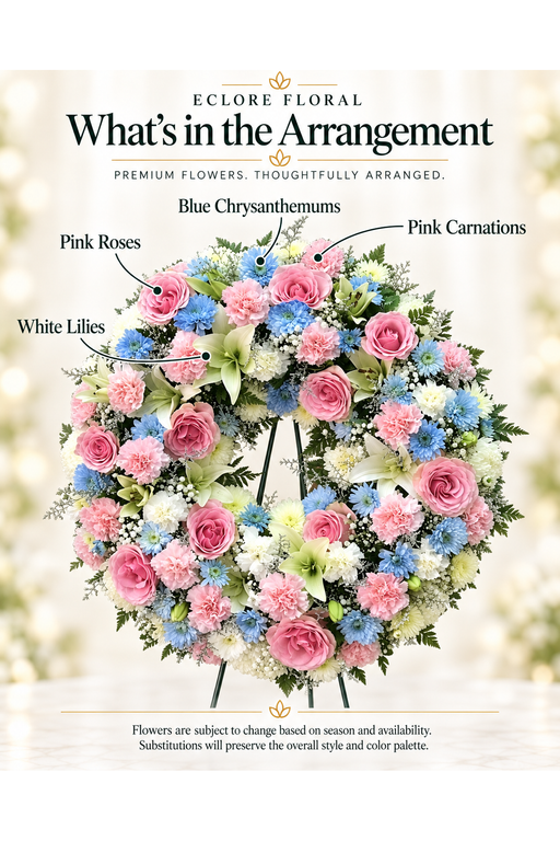 Eclore Floral — What’s in the Arrangement: Pink & Baby Blue Wreath – Natural Funeral Tribute. Flowers may vary with season and availability.