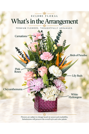 Eclore Floral flower guide for Pink Berry Flower Arrangement – Hydrangeas, Roses & Birds of Paradise. Flower varieties may vary with season and availability.