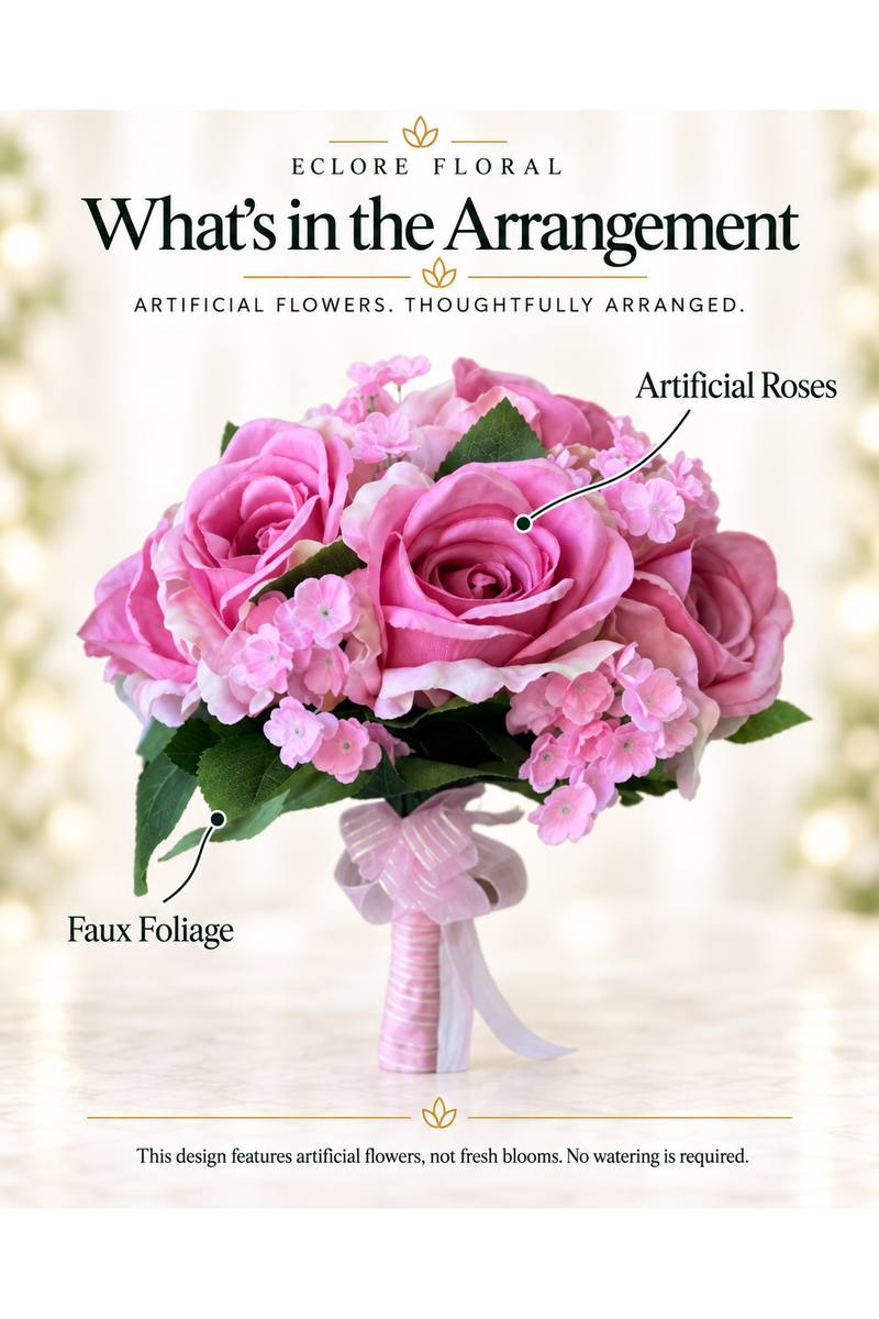 Eclore Floral — What’s in the Arrangement: Wedding Bridal Bouquet/ Pink & White. Artificial flowers, not fresh blooms.
