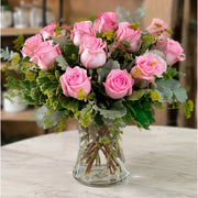 Pink Bubble rose arrangement shown from a three-quarter angle.
