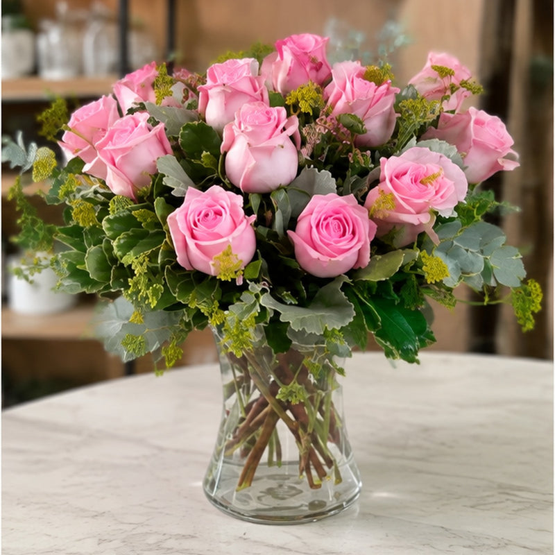 Pink Bubble rose arrangement shown from a three-quarter angle.