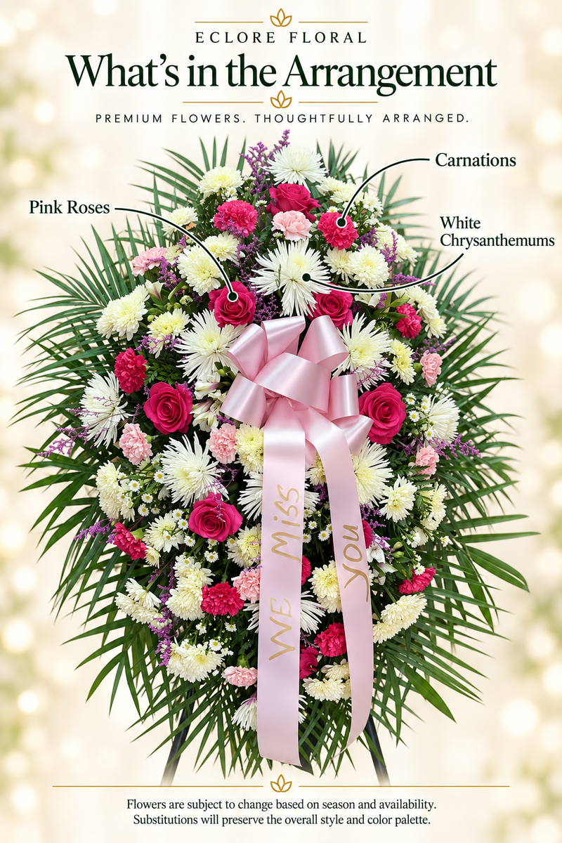 Pink Remembrance Standing Spray [SS018] — Eclore Floral flower guide. Flowers are subject to season and availability; substitutions preserve style and color palette.