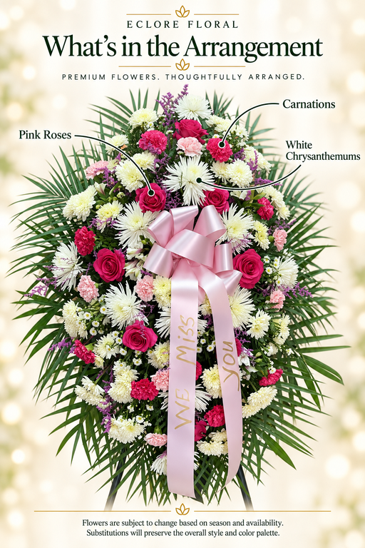 Pink Remembrance Standing Spray [SS018] — Eclore Floral flower guide. Flowers are subject to season and availability; substitutions preserve style and color palette.