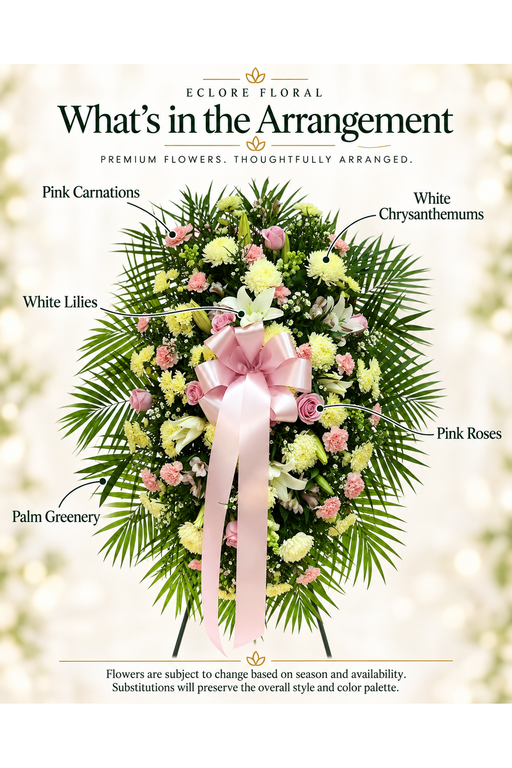 Heavenly Comfort Standing Spray – Pink & White Funeral Flowers — flower guide with seasonal availability information