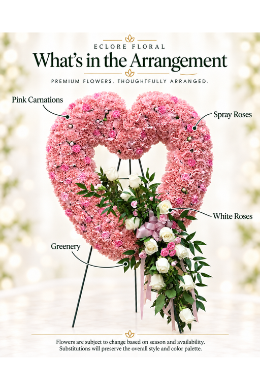 Eclore Floral flower guide for Pink Garden Heart Standing Spray [SS013]. Flower varieties may vary with season and availability.