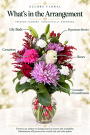 Purple Blush Flower Vase Arrangement – Roses, Lilies, Carnations & Chrysanthemums — Eclore Floral flower guide. Flowers are subject to season and availability; substitutions preserve style and color palette.