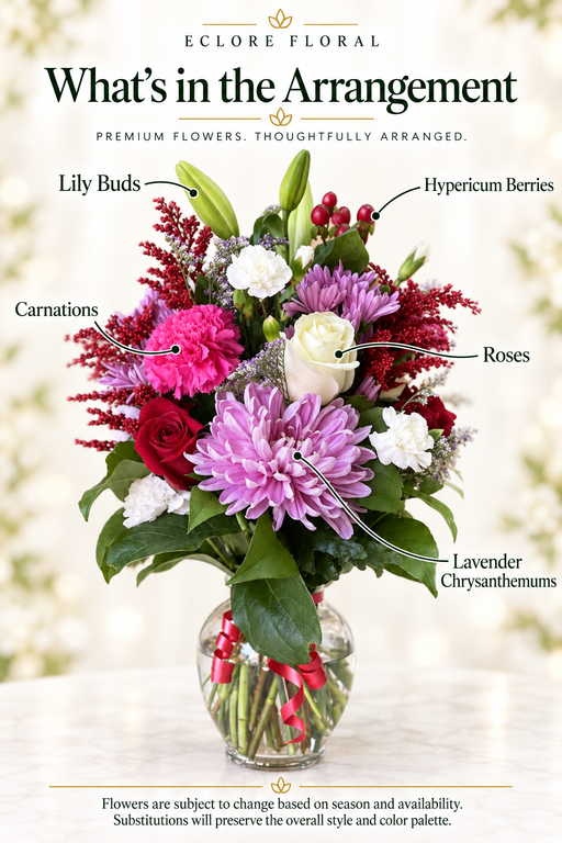 Purple Blush Flower Vase Arrangement – Roses, Lilies, Carnations & Chrysanthemums — Eclore Floral flower guide. Flowers are subject to season and availability; substitutions preserve style and color palette.
