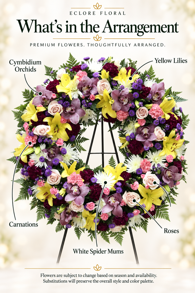 Purple & Yellow Funeral Wreath – Elegant Standing Tribute — Eclore Floral flower guide with seasonal availability disclosure
