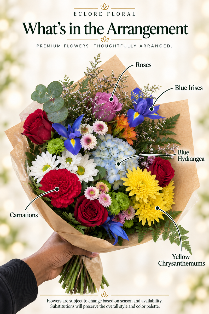 Rainbow Garden Bouquet – Colorful Mixed Flowers — Eclore Floral flower guide. Flowers are subject to season and availability; substitutions preserve style and color palette.