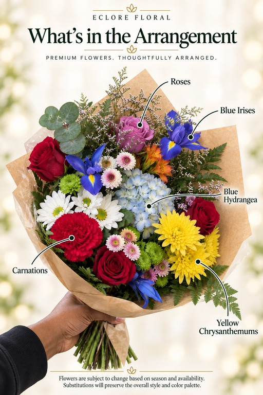 Rainbow Garden Bouquet – Colorful Mixed Flowers — Eclore Floral flower guide. Flowers are subject to season and availability; substitutions preserve style and color palette.