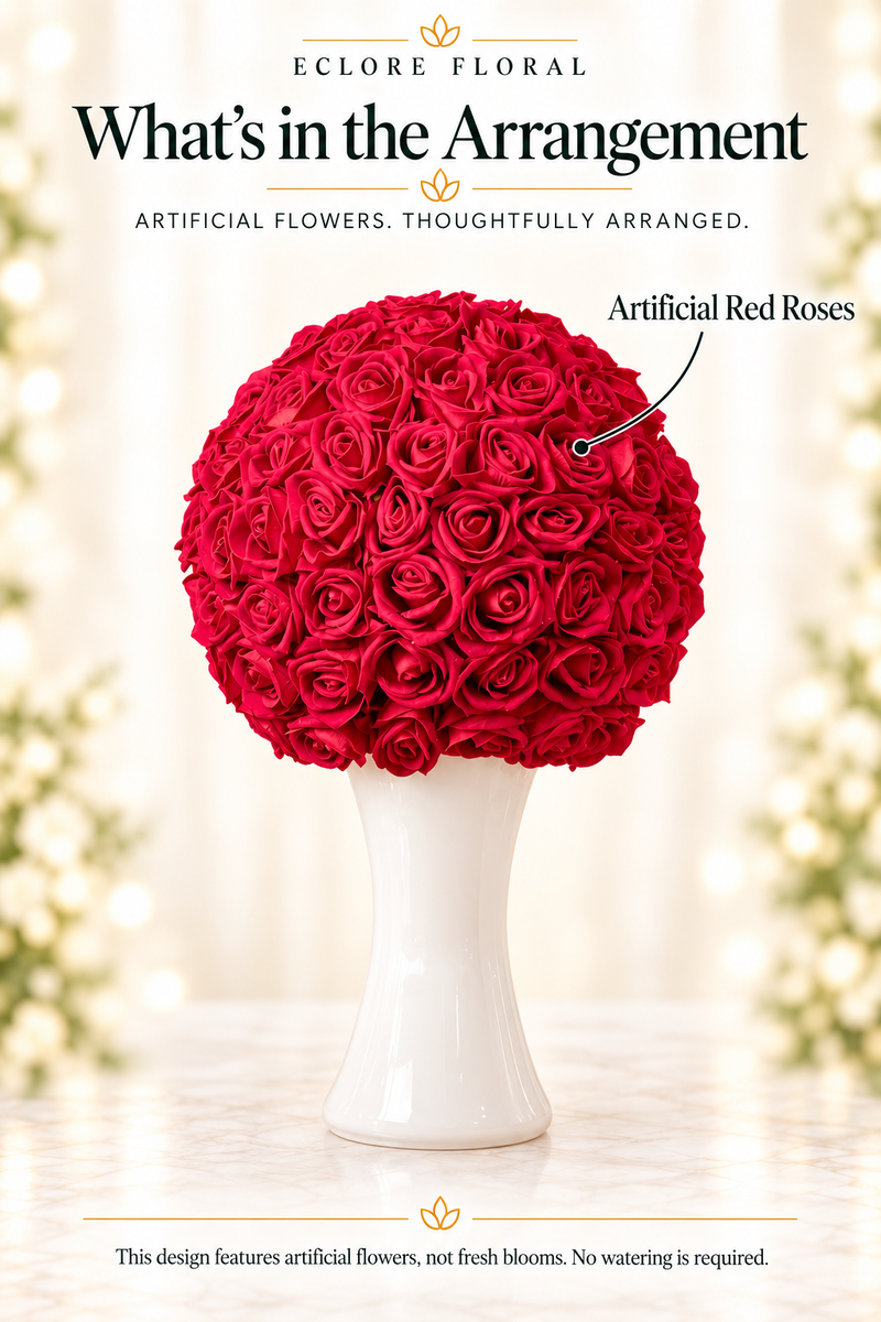 Eclore Floral — What's in the Arrangement: Red and White Large Centerpiece. Artificial flower identification guide.