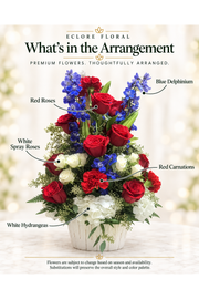Eclore Floral flower guide for Red Blossom Patriotic Floral Arrangement – Red Roses, Blue Delphinium & White Hydrangeas. Flower varieties may vary with season and availability.