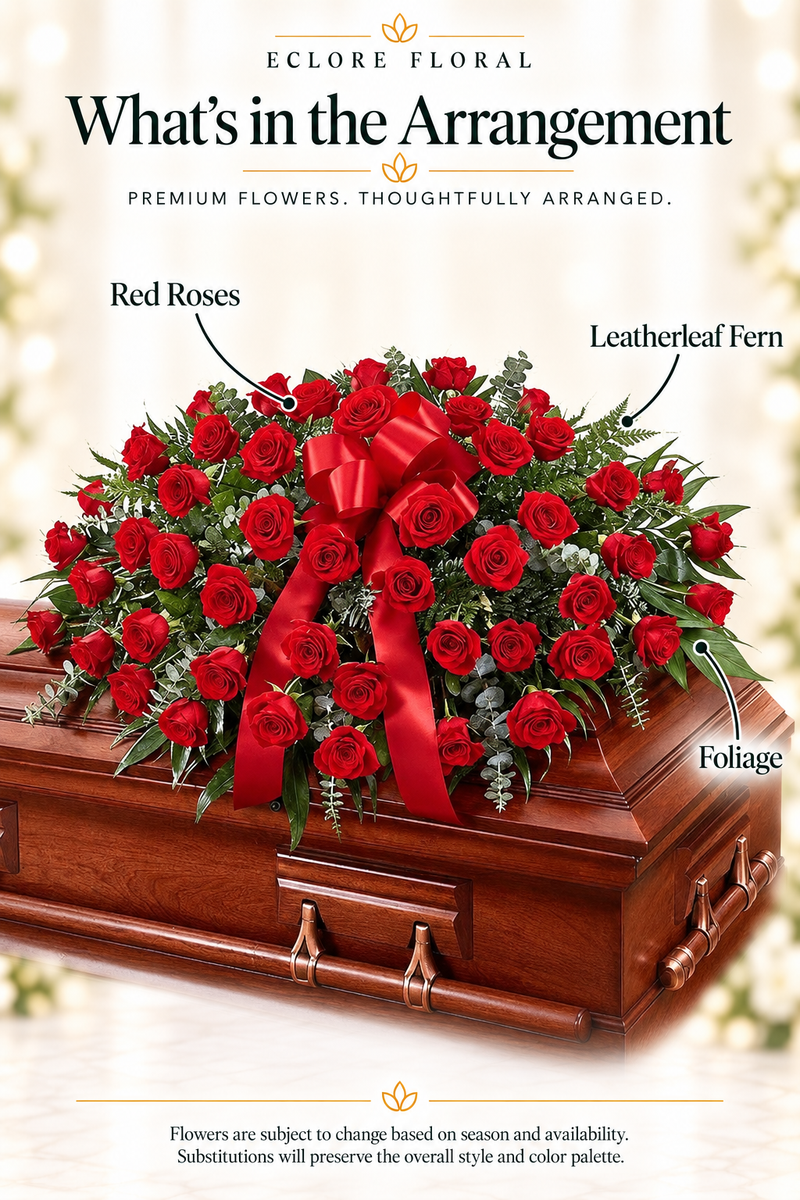 Eclore Floral — What's in the Arrangement: Red Rose Casket Spray. Flower identification guide with seasonal availability disclaimer.