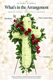 Red Rose & White Cross Standing Spray | Funeral Cross Tribute (SS005) — flower guide with seasonal availability information