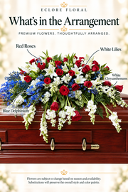 Eclore Floral — What's in the Arrangement: Rose and Lily Casket Spray. Flower identification guide with seasonal availability disclaimer.