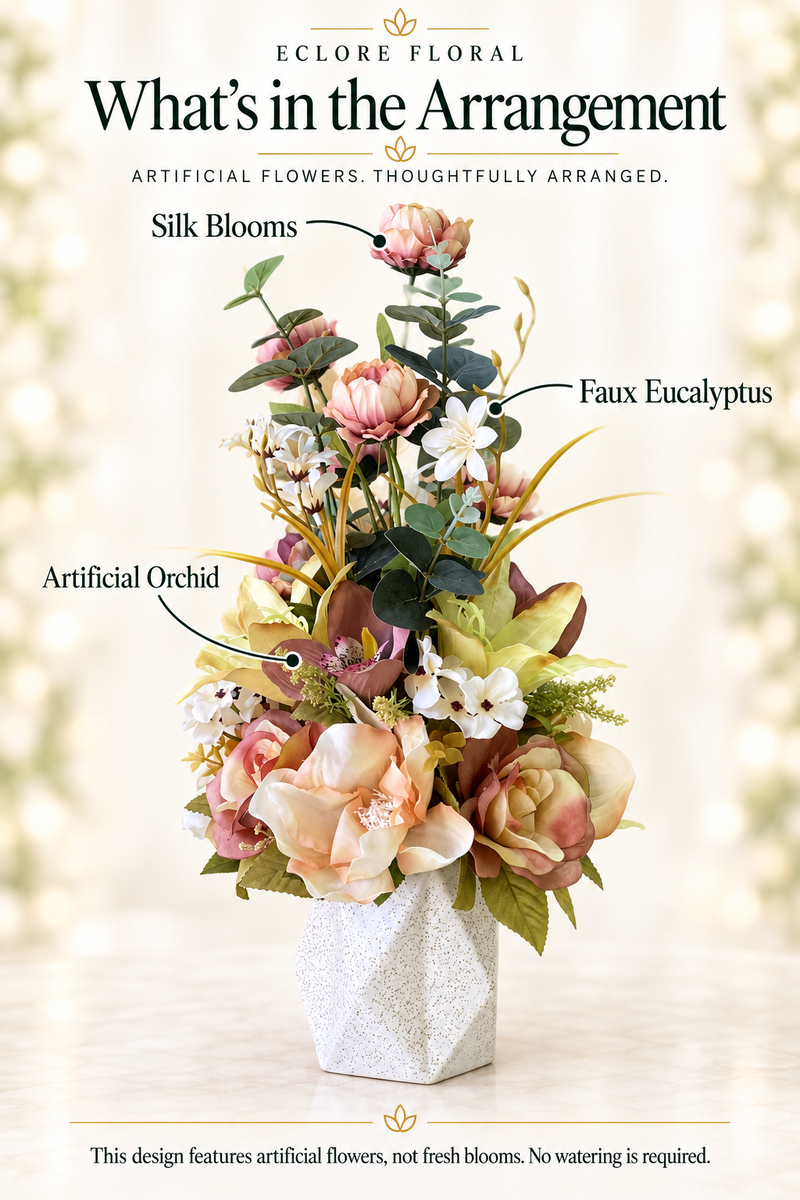 Eclore Floral — What’s in the Arrangement: Silk Floral Arrangement. Artificial flowers, not fresh blooms.
