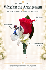 Eclore Floral — What's in the Arrangement: Single Rose Boutonniere. Flower identification guide with seasonal availability disclaimer.
