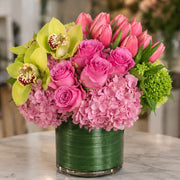 Strawberry Shortcake flower arrangement shown from a three-quarter angle.