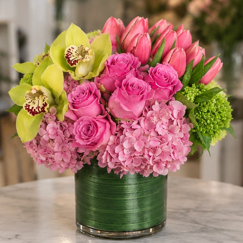 Strawberry Shortcake flower arrangement shown from a three-quarter angle.