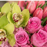 Close-up detail of pink roses, hydrangea, tulips and green orchids in the Strawberry Shortcake arrangement.