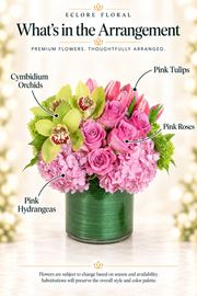 Eclore Floral — What's in the Arrangement: Strawberry Shortcake. Flower identification guide with seasonal availability disclaimer.