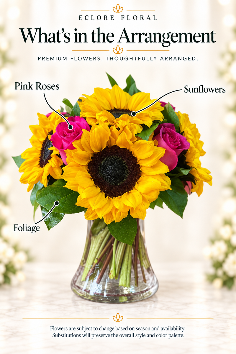 Eclore Floral — What's in the Arrangement: Sunny Rose. Flower identification guide with seasonal availability disclaimer.