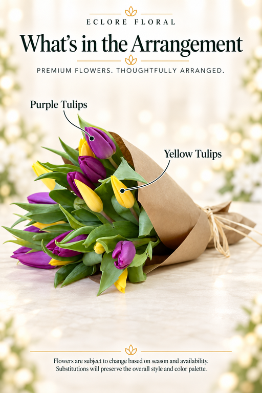 Eclore Floral — What's in the Arrangement: Sunny Tulips hand-tied bouquet. Flower identification guide with seasonal availability disclaimer.
