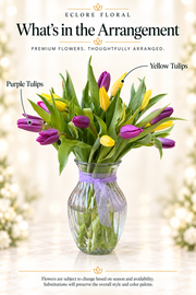 Eclore Floral — What's in the Arrangement: Sunny Tulips vase arrangement. Flower identification guide with seasonal availability disclaimer.