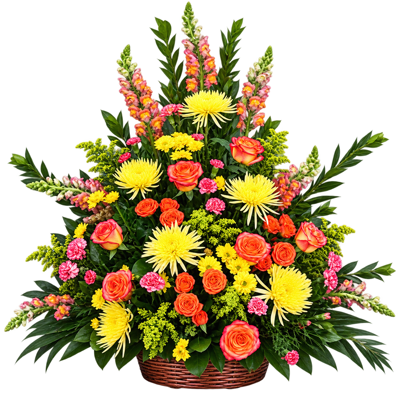 Sunset Remembrance Sympathy Basket with orange roses, yellow mums and snapdragons