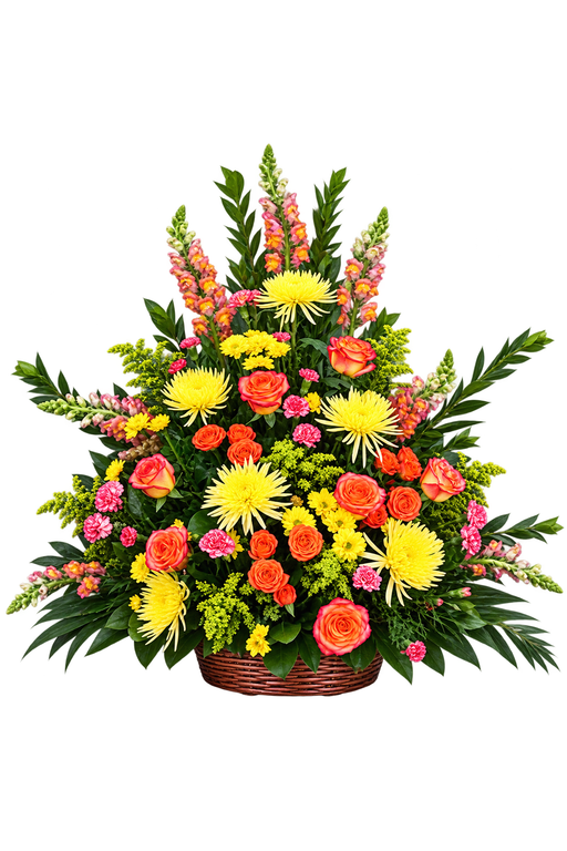 Sunset Remembrance Sympathy Basket with orange roses, yellow mums and snapdragons