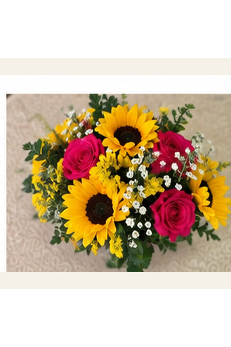 Sunshine Garden sunflower and rose arrangement viewed naturally from above.