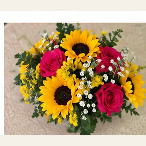 Sunshine Garden sunflower and rose arrangement viewed naturally from above.