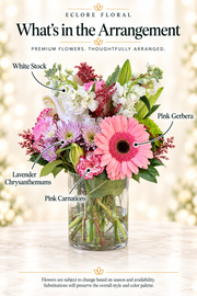 Eclore Floral — What's in the Arrangement: Tabi's Special. Flower identification guide with seasonal availability disclaimer.