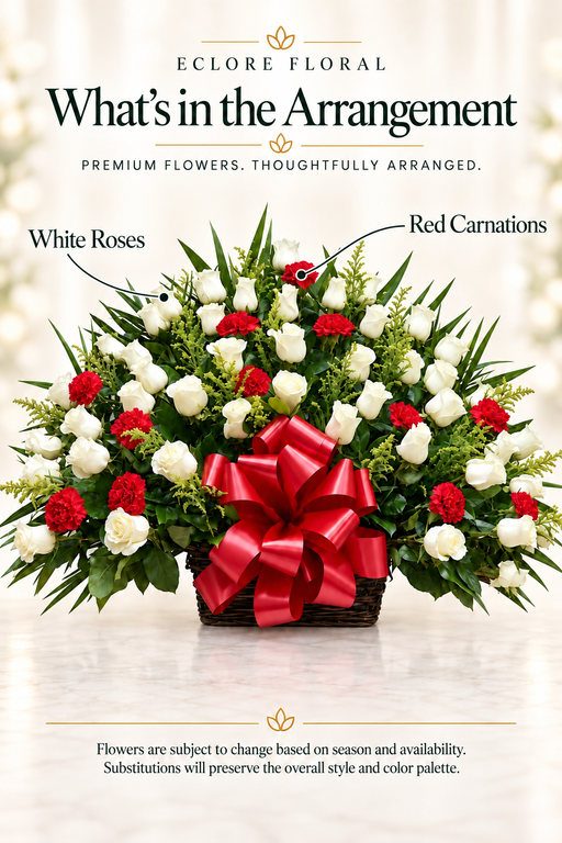 Eclore Floral — What's in the Arrangement: Timeless Roses – Red & White Rose Sympathy Basket. Flower identification guide with seasonal availability disclaimer.
