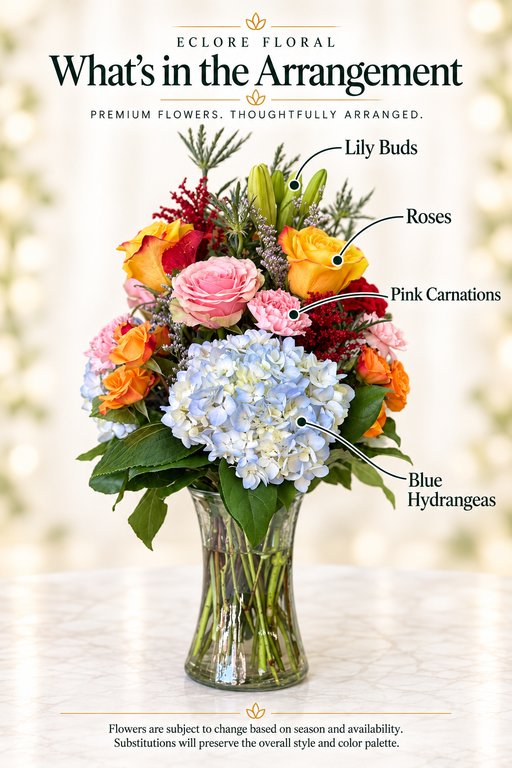 Eclore Floral — What's in the Arrangement: Tropical Blue Flower Arrangement – Hydrangeas, Roses & Lilies. Flower identification guide with seasonal availability disclaimer.
