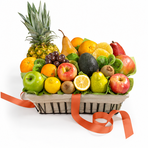 Tropical fresh fruit basket with pineapple, apples, pears, oranges, grapes and kiwi