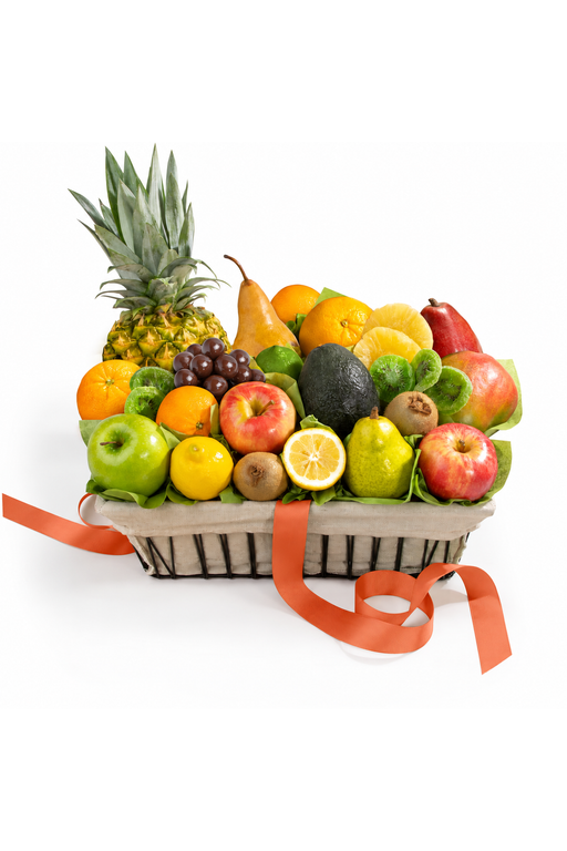 Tropical fresh fruit basket with pineapple, apples, pears, oranges, grapes and kiwi