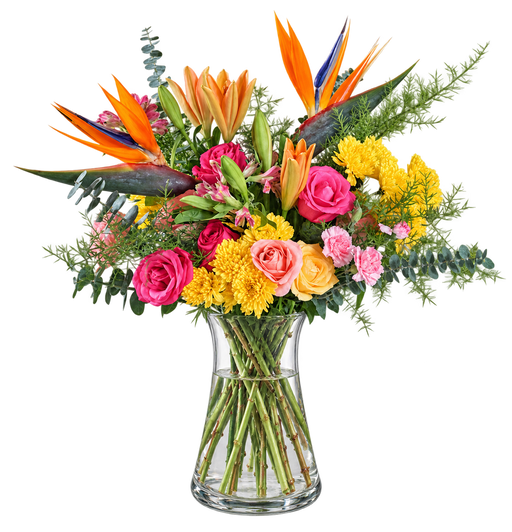 Tropical Radiance flower arrangement with Birds of Paradise, roses, lilies and yellow chrysanthemums in a clear glass vase