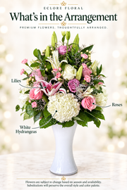Vanilla Frost – Elegant Pink & White Flower Arrangement in a Vase — Eclore Floral flower guide. Flowers are subject to season and availability; substitutions preserve style and color palette.