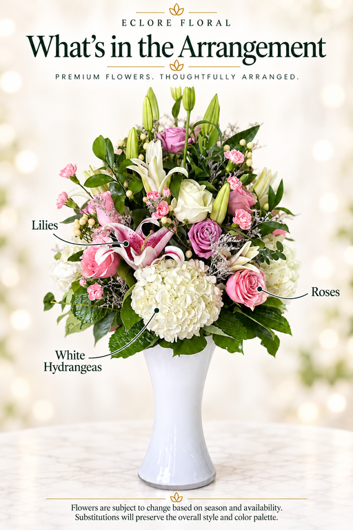 Vanilla Frost – Elegant Pink & White Flower Arrangement in a Vase — Eclore Floral flower guide. Flowers are subject to season and availability; substitutions preserve style and color palette.