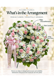 Eclore Floral — What’s in the Arrangement: White and Pink Wreath. Flowers may vary with season and availability.