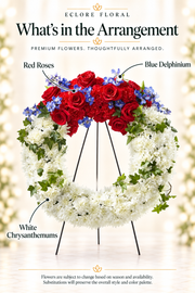 Eclore Floral — What's in the Arrangement: White and Red Wreath SS021. Flower identification guide with seasonal availability disclaimer.