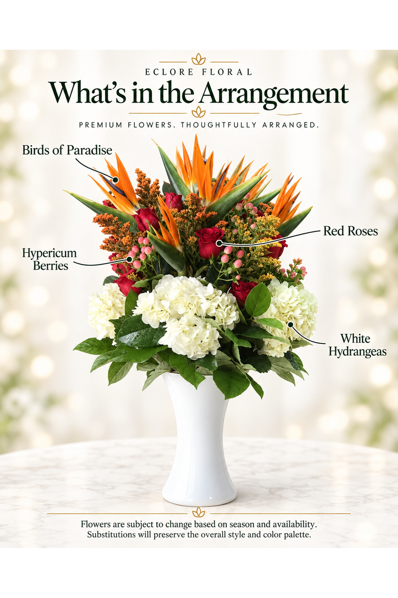 White Berry Floral Arrangement – Birds of Paradise, Roses & Hydrangeas — flower guide with seasonal availability information