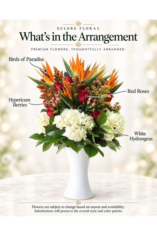 White Berry Floral Arrangement – Birds of Paradise, Roses & Hydrangeas — flower guide with seasonal availability information