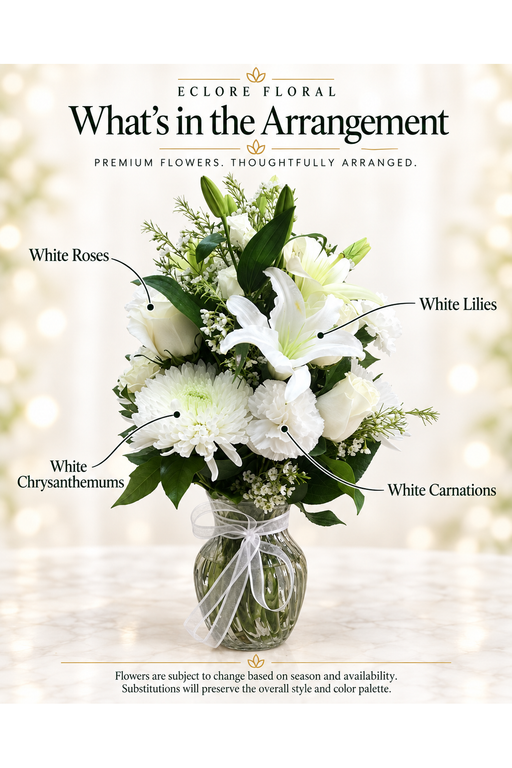 White Bloom Vase Arrangement – Elegant Roses, Lilies & Chrysanthemums — Eclore Floral flower guide. Flowers are subject to season and availability; substitutions preserve style and color palette.