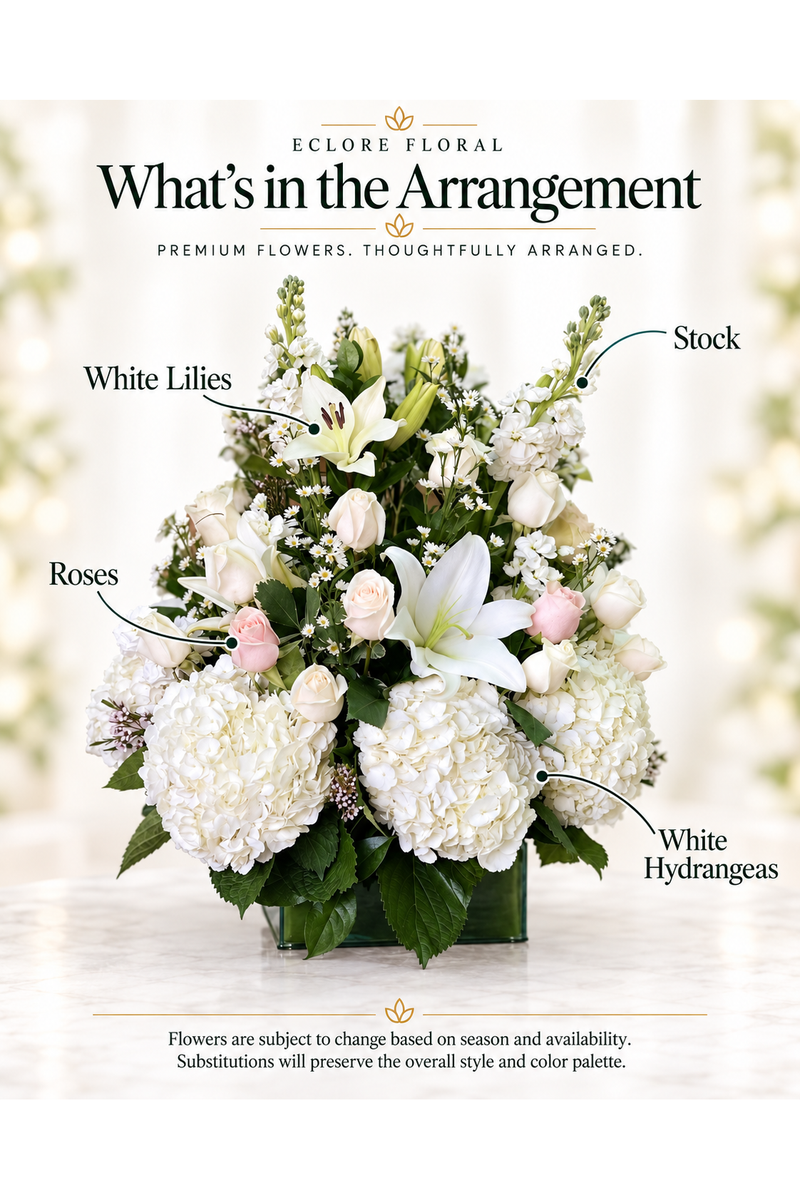 White Herbs Sympathy Arrangement – White Hydrangeas, Lilies & Roses — flower guide with seasonal availability information