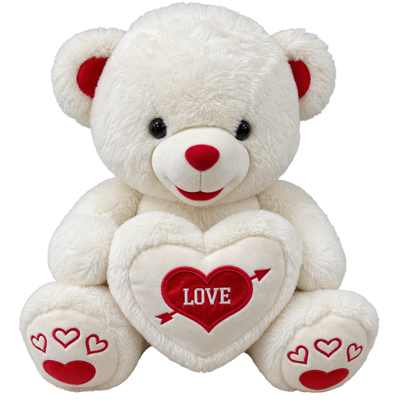 White teddy bear holding a LOVE heart pillow