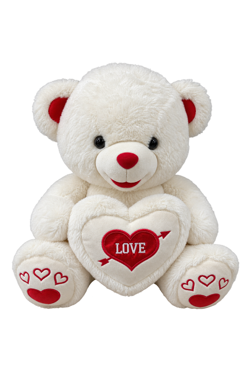 White teddy bear holding a LOVE heart pillow